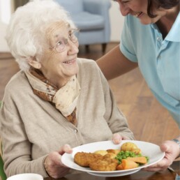 Yorkshire Care Home Resident enjoying dinner, served by her carer
