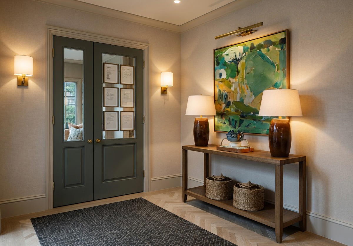 Artist's impression of a hallway with double doors, console table and lamps at Elland Court Care Home, Leeds