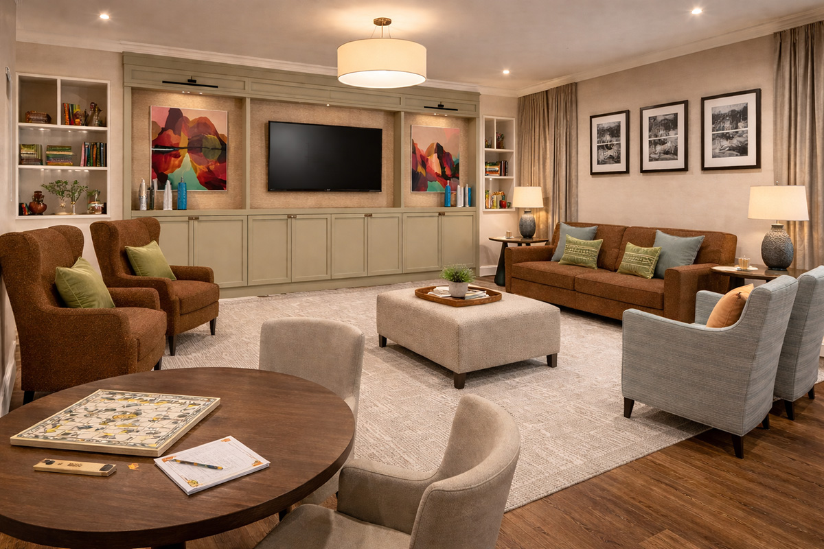 Artist's impression of a TV lounge with sofa, armchairs and a games table at Elland Court Care Home, Leeds