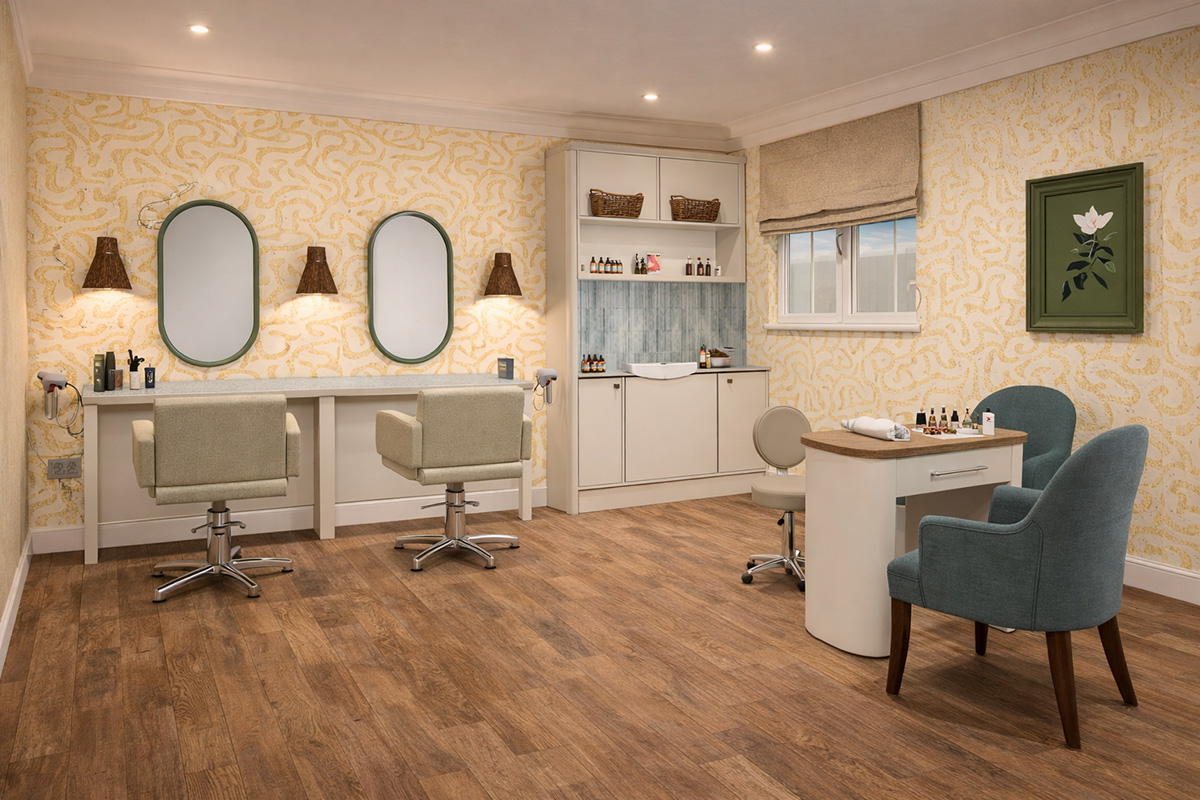 Artist's impression of the hair salon with styling chairs, mirrors and manicure table at Elland Court Care Home, Leeds
