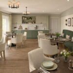 Artist's impression of a dining room with laid tables and banquette seating at Elland Court Care Home, Leeds