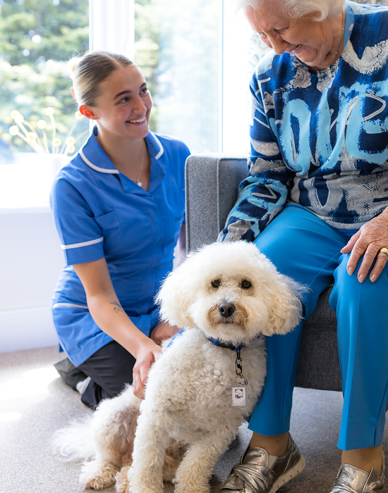 Carer kneeling beside an older woman’s chair with a fluffy white dog at The Maltings Care Home, Bridlington Carer kneeling beside an older woman's chair with a fluffy white dog at The Maltings Care Home, Bridlington