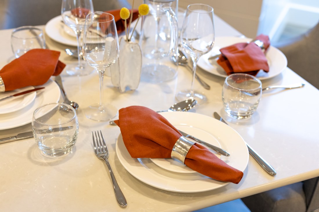Dining table laid with white plates, rust-coloured napkins in silver rings, wine glasses and tumblers